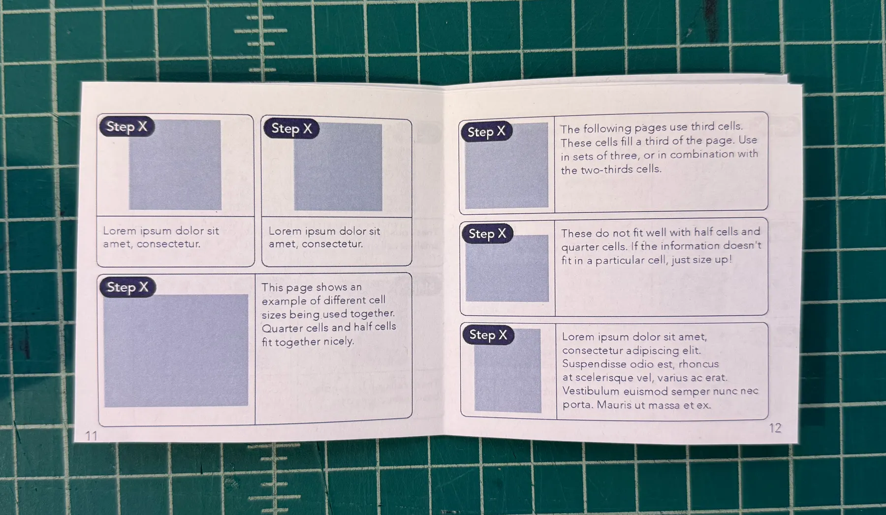 An open spread of the manual template showing the six-column 'cell' system: rounded rectangles holding 'Step X' tags, placeholder images and lorem-ipsum text, with notes on how the different cell sizes combine on a page.