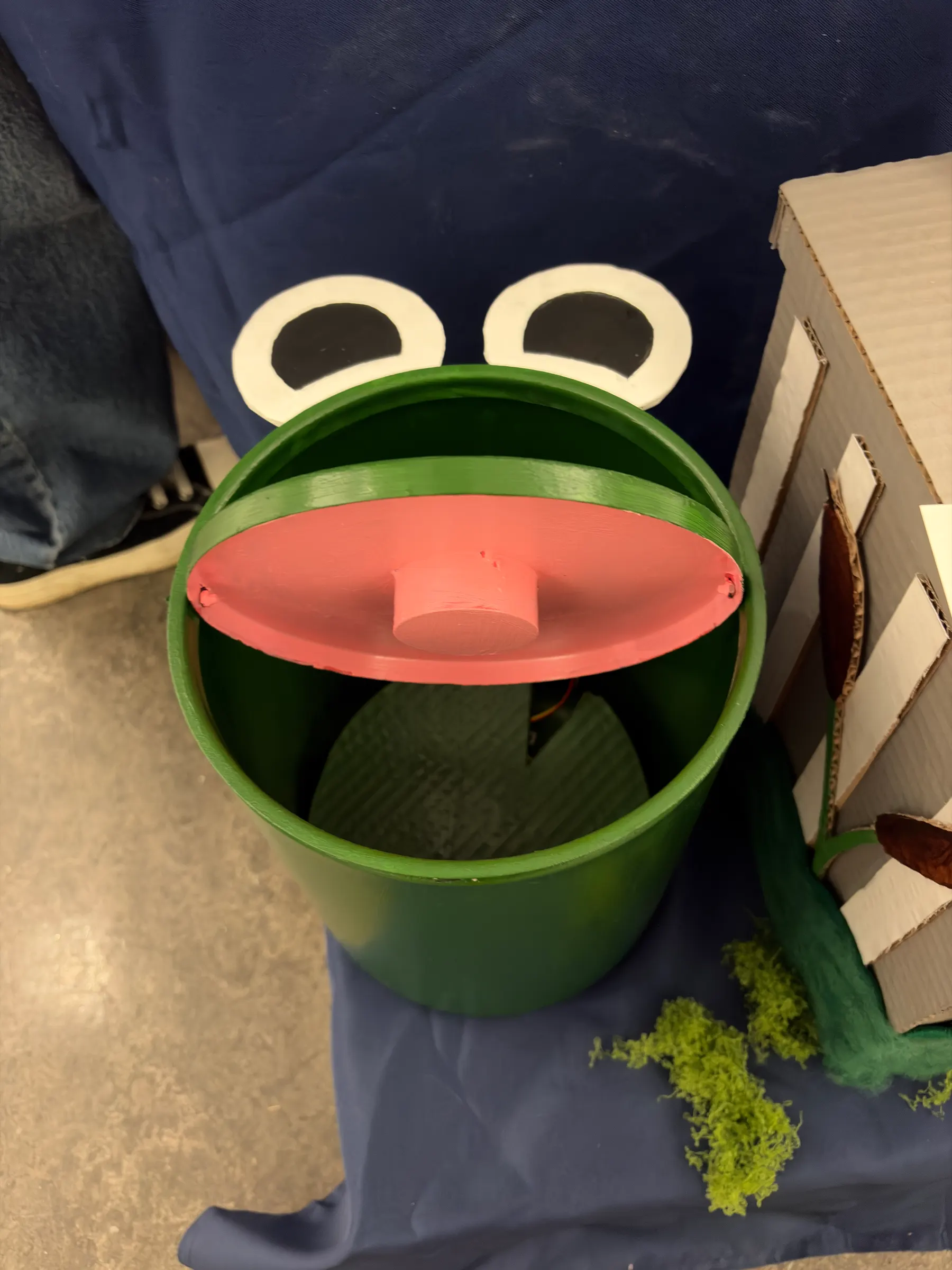 The frog can with its lid flipped open, looking down into the pink funnel 'mouth' with a green foam tongue inside and the googly eyes above; the cardboard packaging box and moss sit alongside.