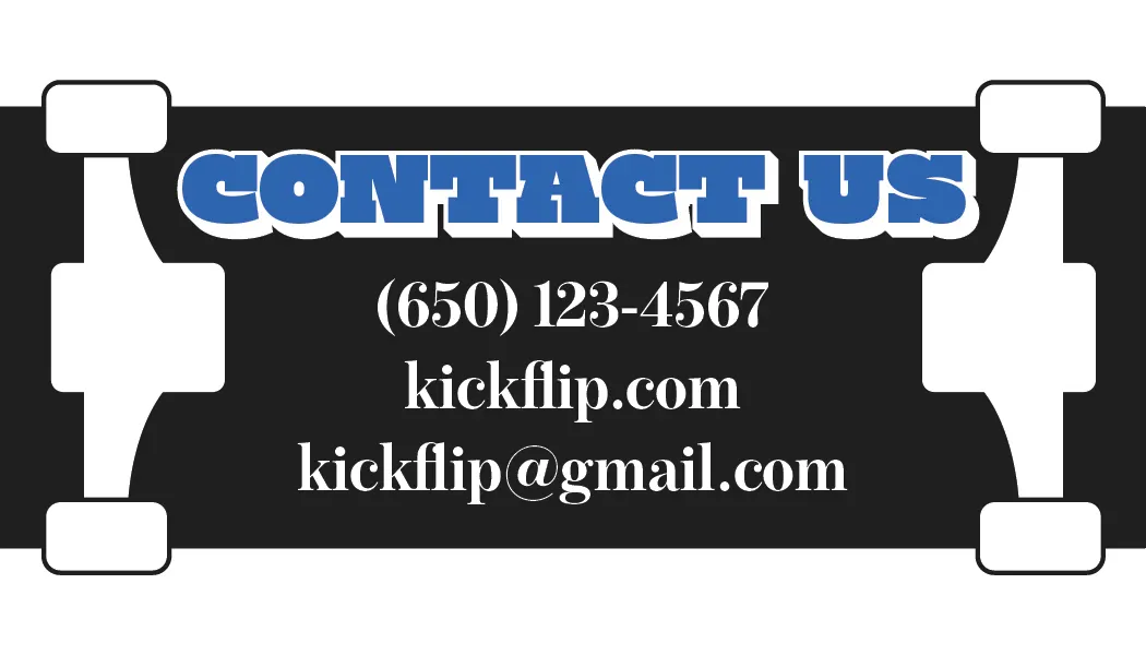 Kick Flip business card back with contact details.