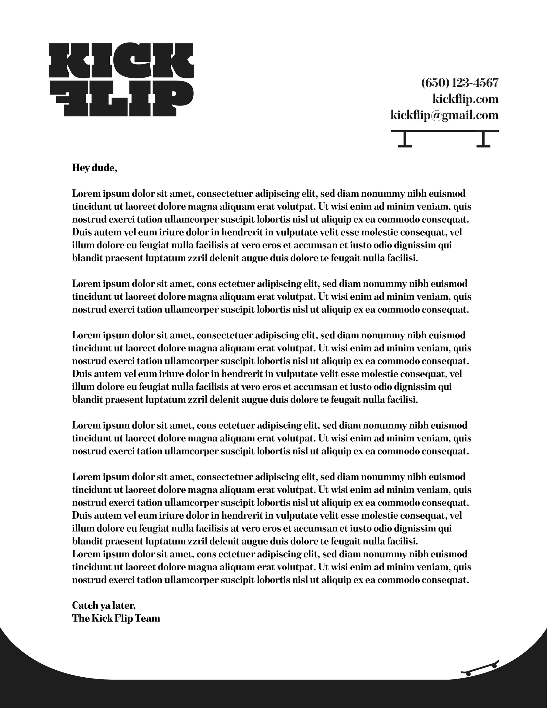 Kick Flip letterhead with the heavy black FLIP wordmark top-left, contact details set over a rail graphic top-right, and a black curved band with a skateboard along the bottom edge.