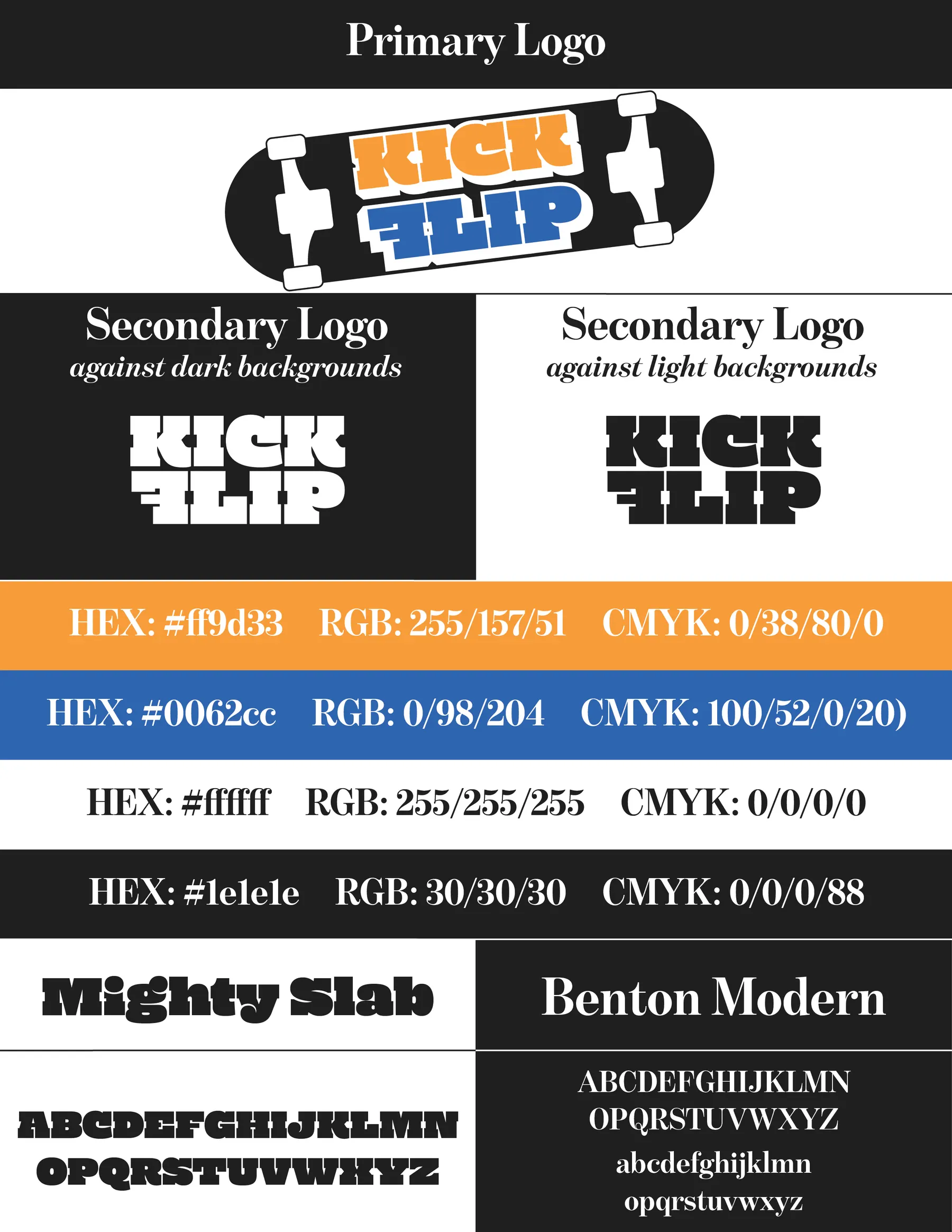 Second Kick Flip brand guide page: the primary logo, one-colour secondary logos for dark and light backgrounds, the orange/blue/black/white colour values, and the Mighty Slab and Benton Modern typefaces.