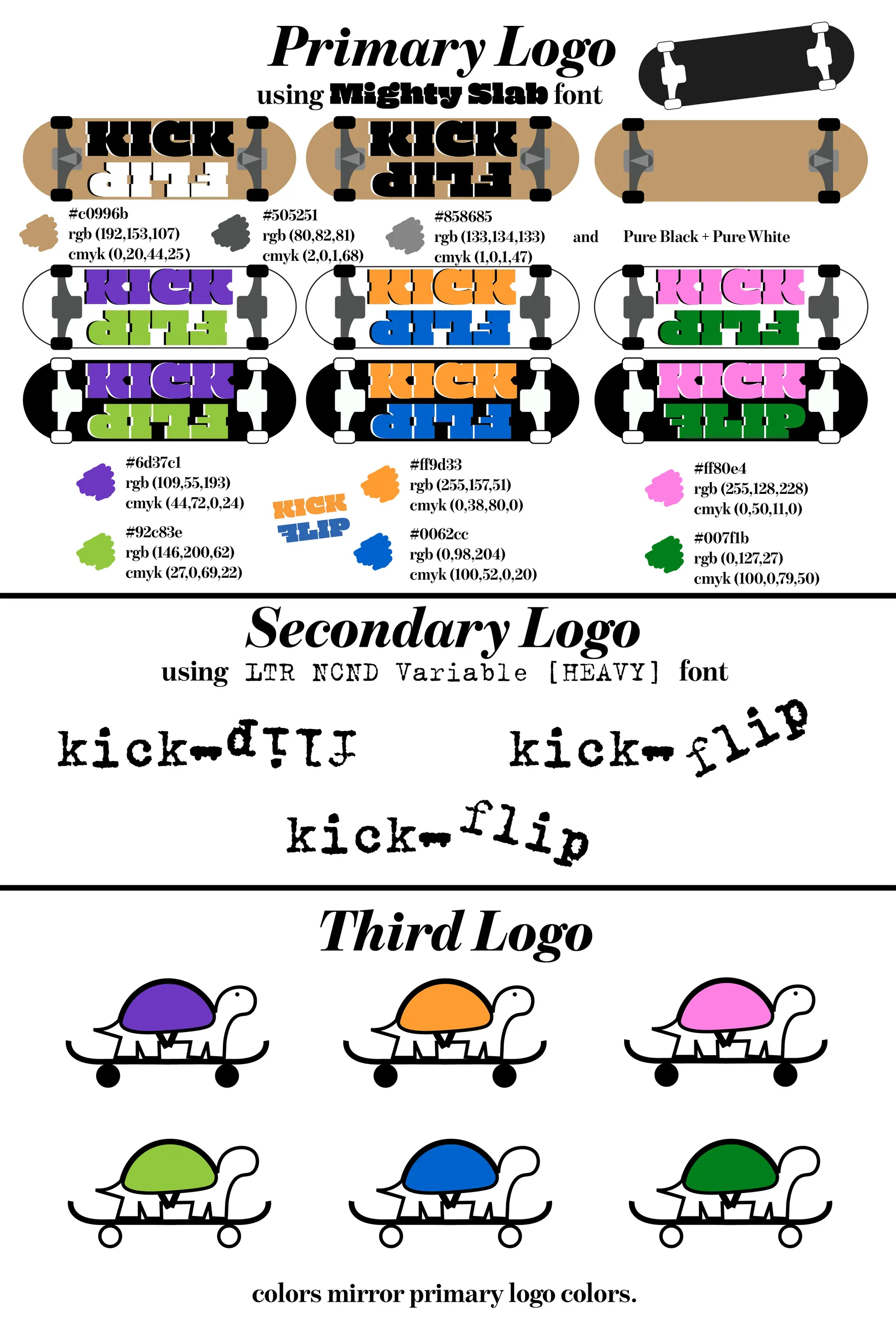 Kick Flip brand guide: the primary logo set in Mighty Slab on a skateboard, shown in seven colour pairings with hex/RGB/CMYK values; a secondary logo set in the LTR NCND typewriter face; and a third logo — a turtle riding a skateboard — coloured to match the primary palette.