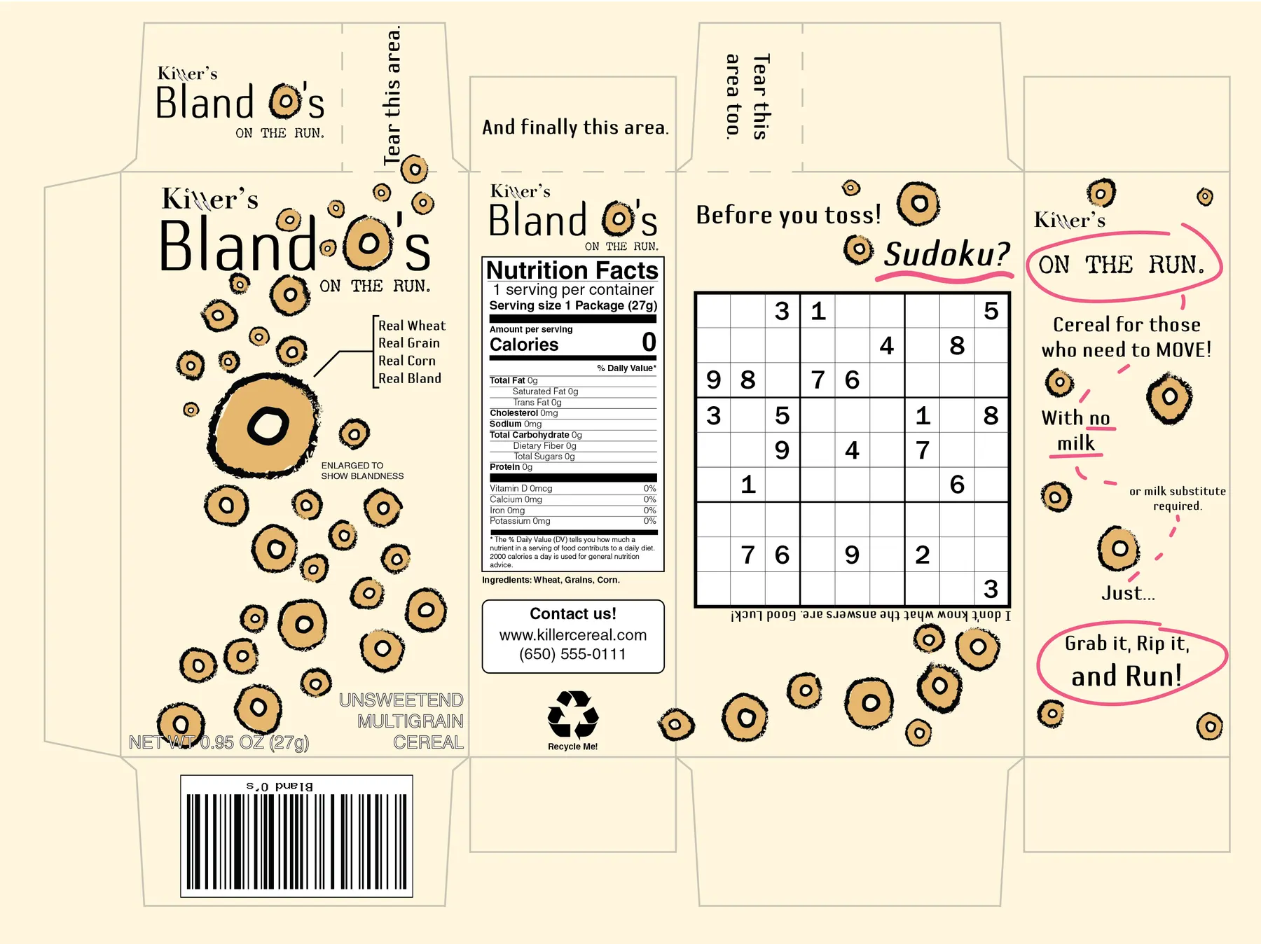 Bland O's cereal box dieline in cream and tan, with a single enlarged plain cereal ring labelled 'enlarged to show blandness', 0-calorie nutrition facts, and a sudoku puzzle on the back.