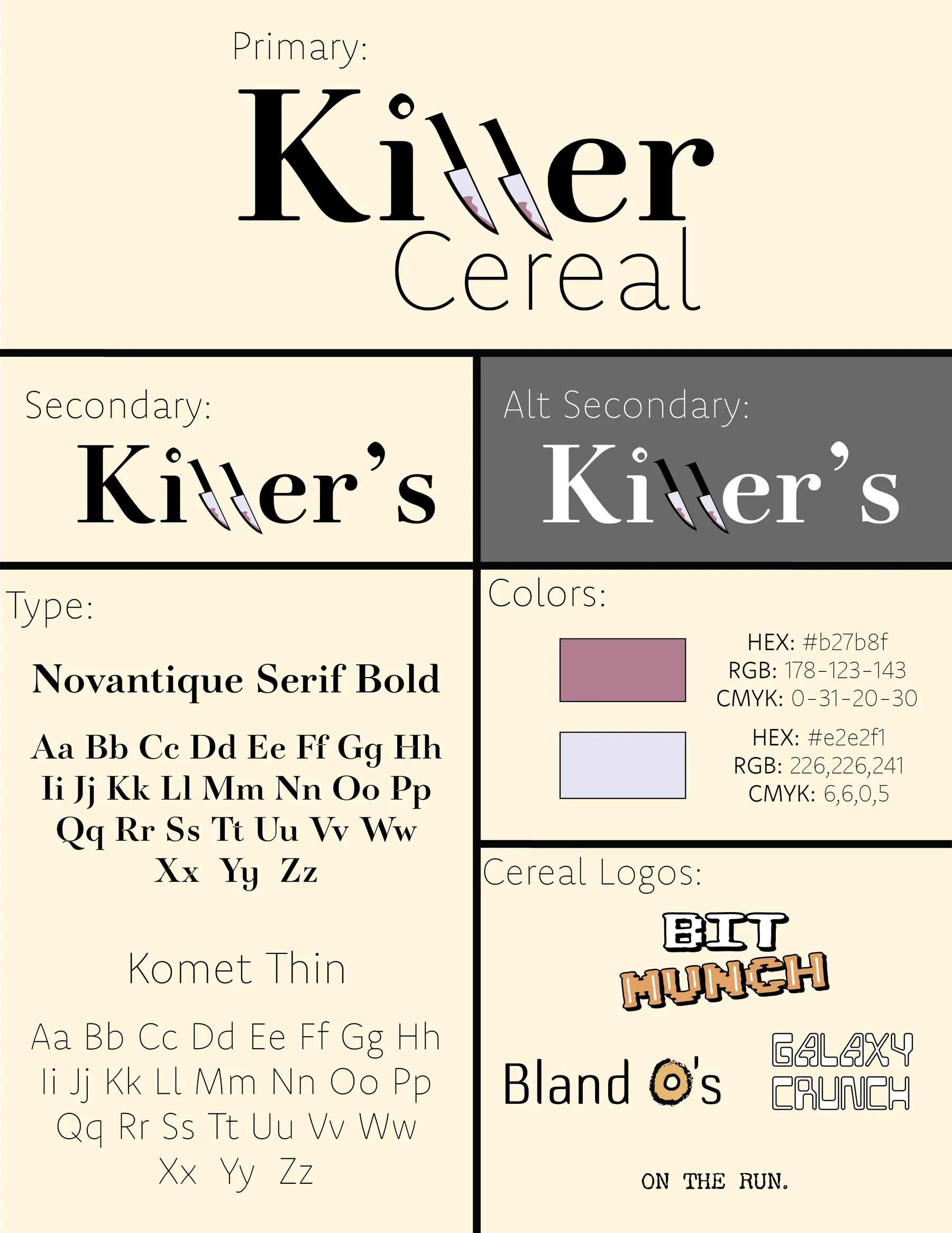 Killer Cereal brand style guide: primary and secondary logos with the knife-blade lettering, Novantique Serif and Komet Thin type specimens, a mauve and pale-lilac colour palette, and the Bit Munch, Bland O's and Galaxy Crunch sub-brand logos.