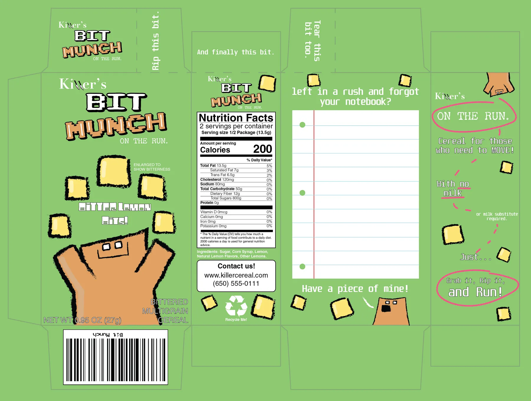 Bit Munch cereal box dieline on a lime-green background with pixel-art lemon squares, a blocky mascot, and a lined-notebook-paper panel reading 'left in a rush and forgot your notebook?'