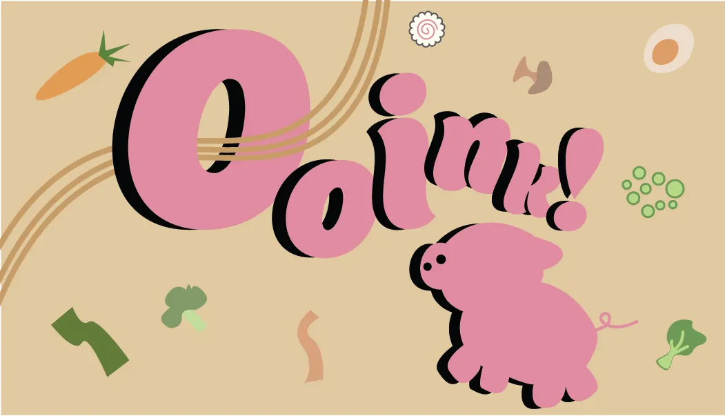 Ooink! business card front on a tan background scattered with loosely drawn vegetables — carrot, broccoli, scallion, narutomaki, soft egg — carrying the large pink hand-lettered 'Ooink!' wordmark and the pig mascot.