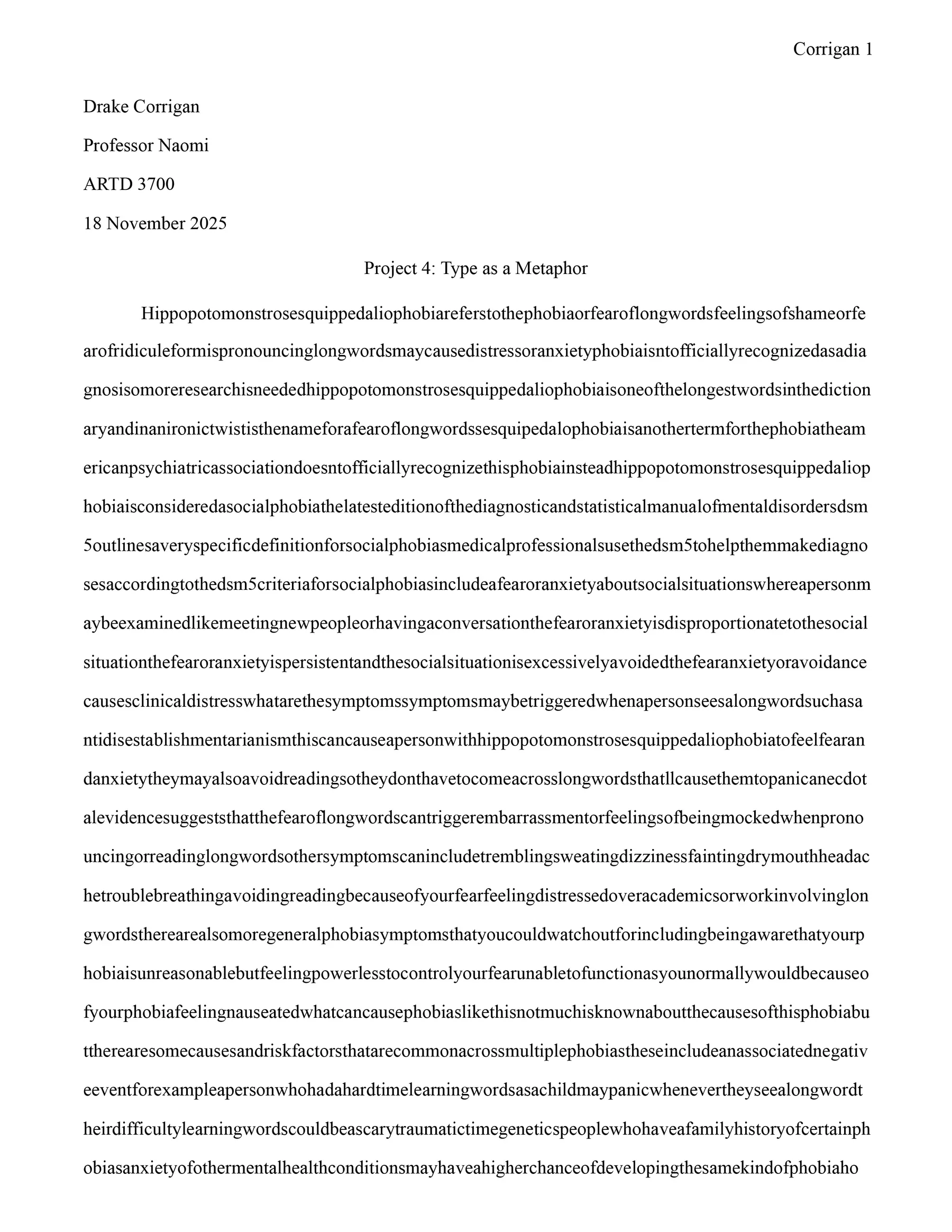 A page of body text with every space removed, so the definition of the phobia runs together into one dense, unbroken block.