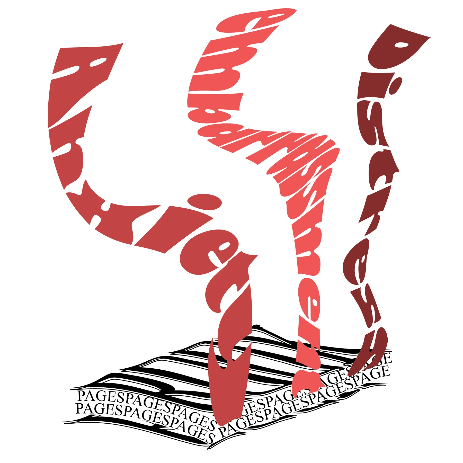 Three warping words — 'Anxiety', 'Charms' and 'Distress' — stretched into tall wavering columns like a figure standing on an open book made of the repeated word 'PAGE'.