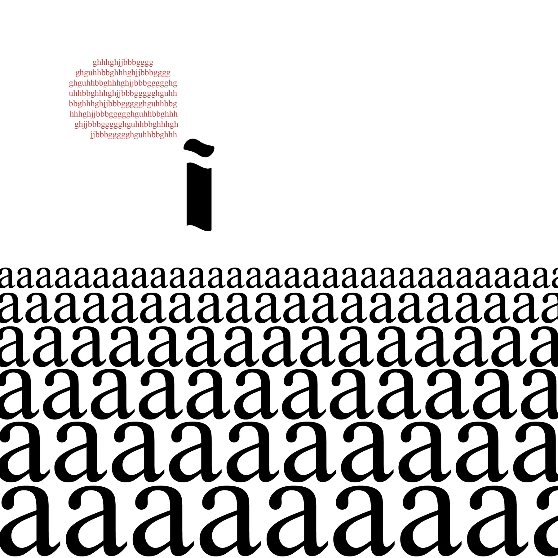 A single serif letter 'i' with its dot dissolving upward into a cloud of tiny red letters, above an endless grid of the letter 'a' that fills the lower two-thirds of the page.